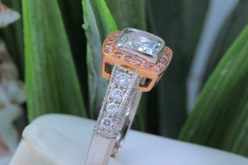 Platinum & Rose Gold Diamond Engagement Ring Cushion & Pink Diamonds - 5