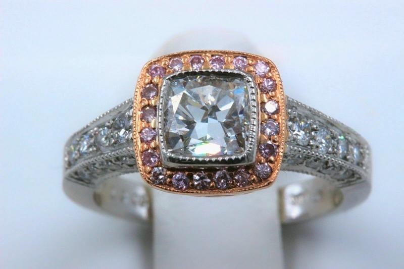 Platinum & Rose Gold Diamond Engagement Ring Cushion & Pink Diamonds - 6