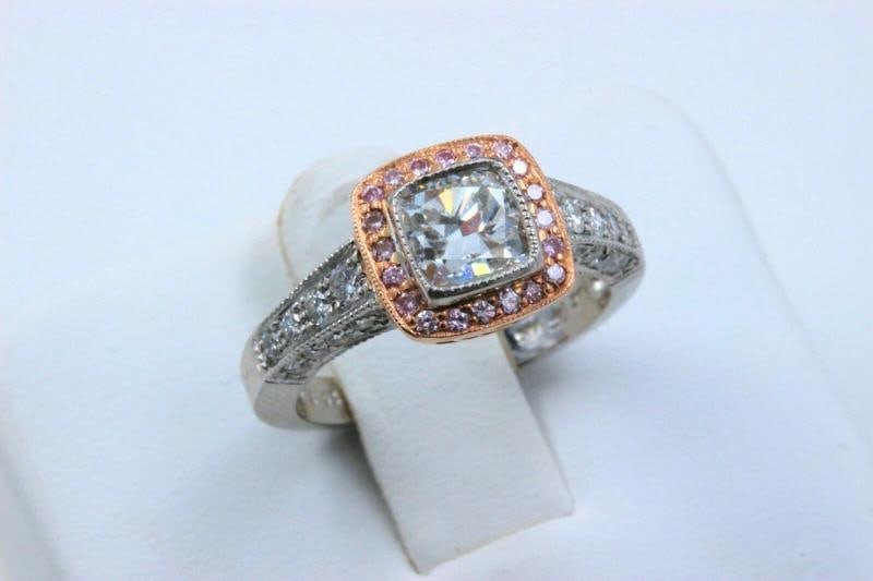 Platinum & Rose Gold Diamond Engagement Ring Cushion & Pink Diamonds - 7
