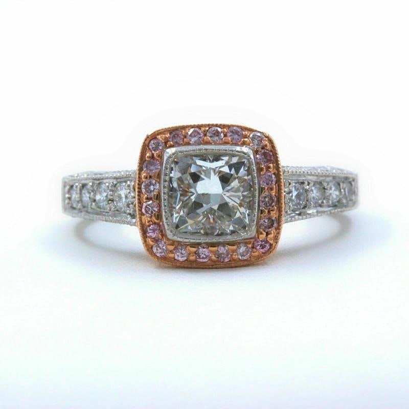 Platinum & Rose Gold Diamond Engagement Ring Cushion & Pink Diamonds - 9