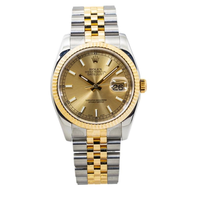 Rolex Datejust 116233 Jubilee Stainless Steel Champagne Stick Automatic 36mm: Case Size 36mm Wrist Fit 7 inches Box No Papers No Condition Ã¢â‚¬â€ Good Full Specifications SKU Rolex#3929 Brand Rolex Model Datejust Reference 116233