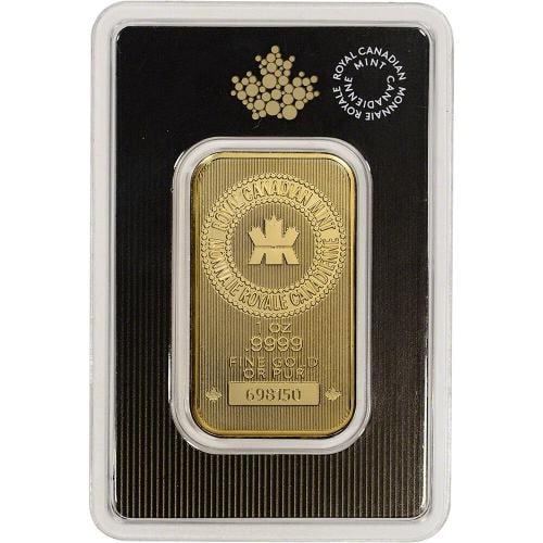 1 oz. Gold Bar - Royal Canadian Mint (RCM) - .9999 Fine in Assay: Country of Origin: Canada,Coin: Gold Bars,Strike Type: Business,Brand/Mint: Royal Canadian Mint,Fineness: 0.999,Total Precious Metal Content: 1 oz,Composition: Gold,Shape: