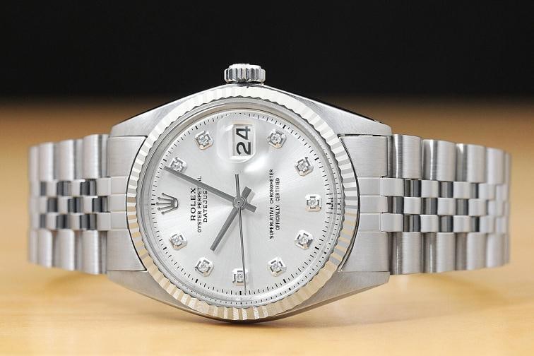 MENS ROLEX DATEJUST 1601 18K WHITE GOLD STAINLESS SS SILVER DIAMOND DIAL WATCH - 3