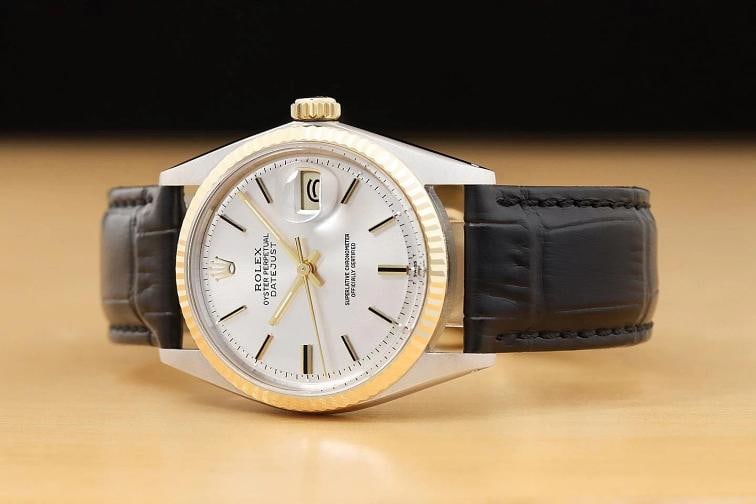 ROLEX DATEJUST 1601 SILVER 14K YELLOW GOLD STEEL BLACK LEATHER BAND WATCH - 2