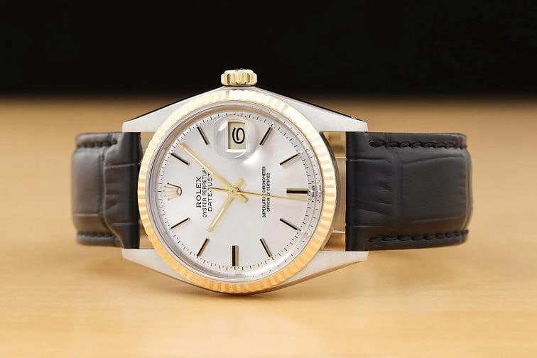 ROLEX DATEJUST 1601 SILVER 14K YELLOW GOLD STEEL BLACK LEATHER BAND WATCH - 3