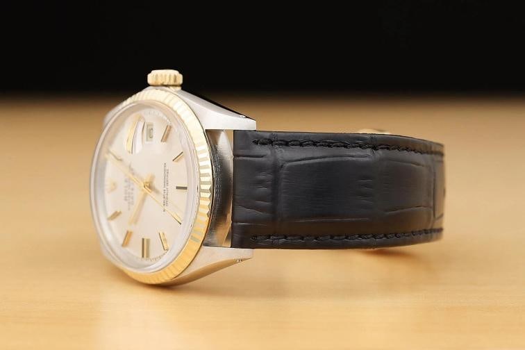 ROLEX DATEJUST 1601 SILVER 14K YELLOW GOLD STEEL BLACK LEATHER BAND WATCH - 4