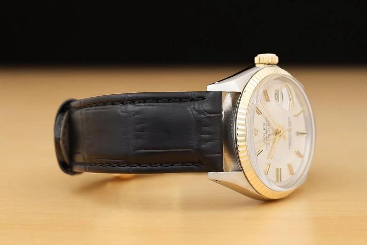 ROLEX DATEJUST 1601 SILVER 14K YELLOW GOLD STEEL BLACK LEATHER BAND WATCH - 7