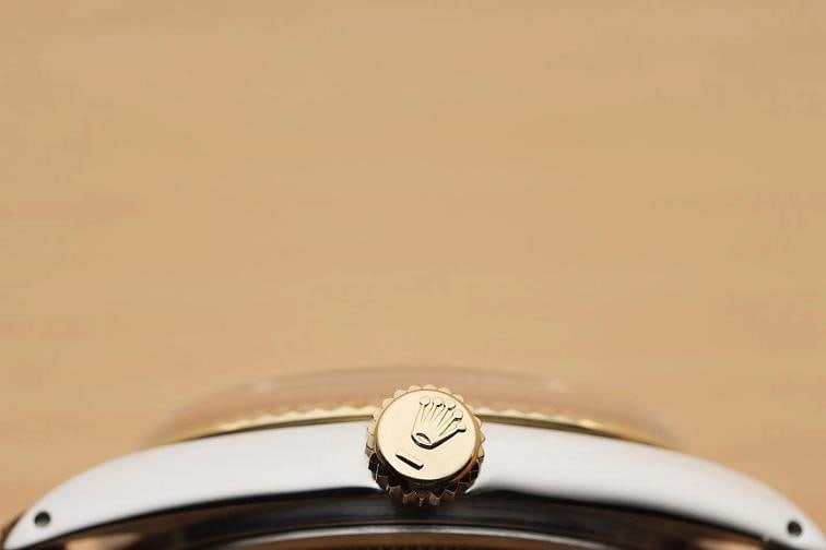 ROLEX DATEJUST 1601 SILVER 14K YELLOW GOLD STEEL BLACK LEATHER BAND WATCH - 9