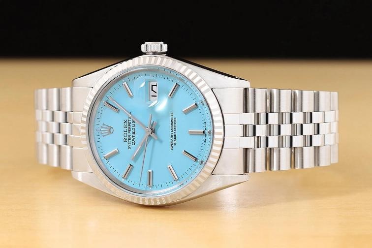 ROLEX MENS DATEJUST 16014 AQUA BLUE DIAL 18K WHITE GOLD STEEL JUBILEE WATCH - 2