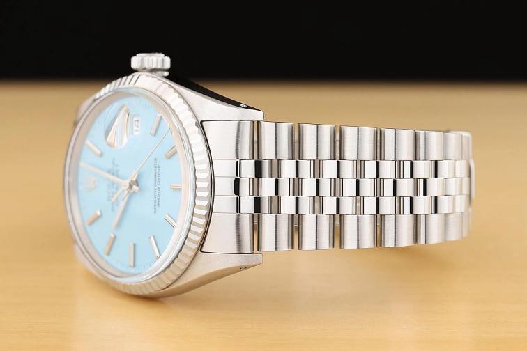 ROLEX MENS DATEJUST 16014 AQUA BLUE DIAL 18K WHITE GOLD STEEL JUBILEE WATCH - 4