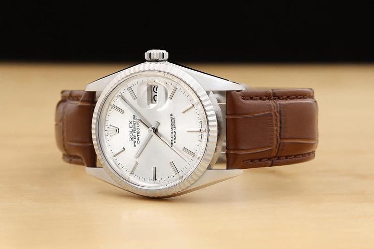 ROLEX MENS DATEJUST 16014 18K GOLD STEEL SILVER DIAL BROWN LEATHER BAND WATCH - 2