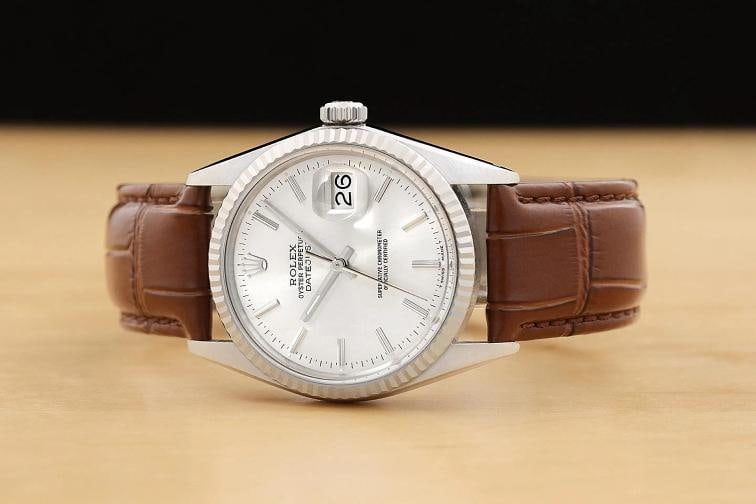 ROLEX MENS DATEJUST 16014 18K GOLD STEEL SILVER DIAL BROWN LEATHER BAND WATCH - 3