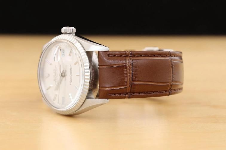 ROLEX MENS DATEJUST 16014 18K GOLD STEEL SILVER DIAL BROWN LEATHER BAND WATCH - 4