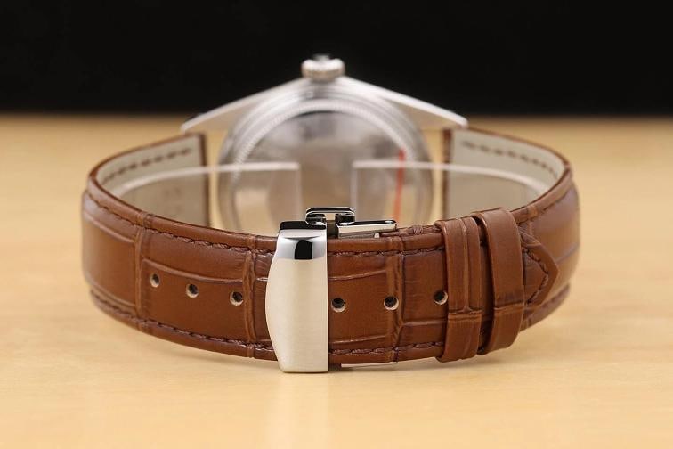 ROLEX MENS DATEJUST 16014 18K GOLD STEEL SILVER DIAL BROWN LEATHER BAND WATCH - 6