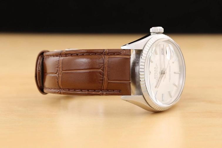 ROLEX MENS DATEJUST 16014 18K GOLD STEEL SILVER DIAL BROWN LEATHER BAND WATCH - 7
