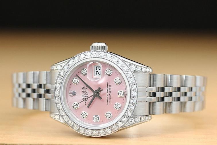 ROLEX LADIES DATEJUST 69174 PINK DIAL DIAMOND BEZEL LUGS 18K GOLD STEEL WATCH - 3