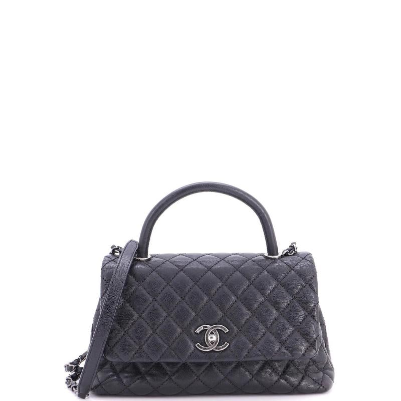 Chanel Coco Top Handle Bag Quilted Caviar Small: Accessories: With Strap Measurements: Handle Drop 3.5", Height 7.5", Width 11", Depth 5", Strap Drop 21". Condition: Pre-owned - Good,Brand: Chanel,Exterior Material: Leather,Style: Cross Body