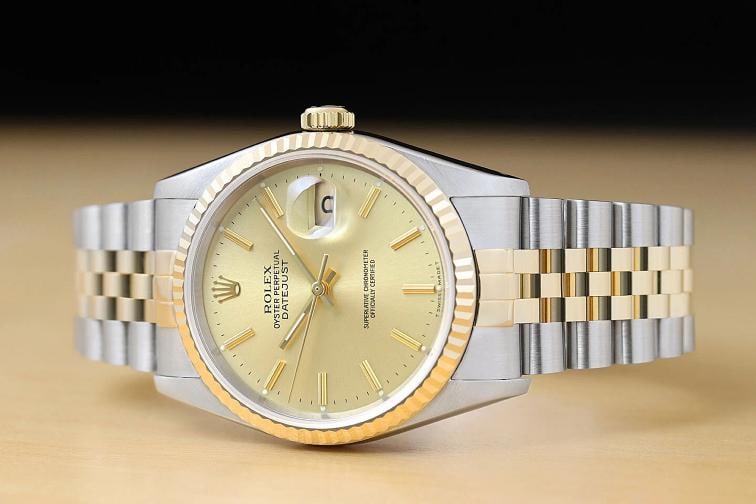 GENUINE ROLEX MENS DATEJUST 16233 CHAMPAGNE DIAL 18K YELLOW GOLD STEEL WATCH - 2