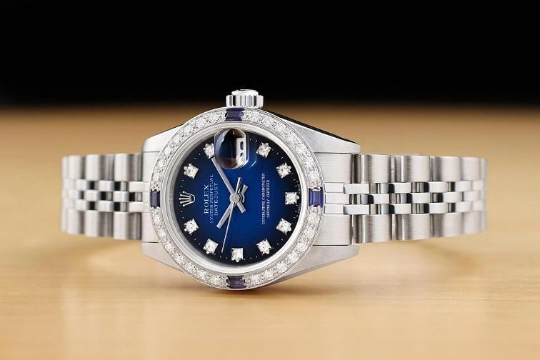 ROLEX DATEJUST 69174 18K WHITE GOLD STEEL BLUE VIGNETTE DIAMOND SAPPHIRE WATCH - 2