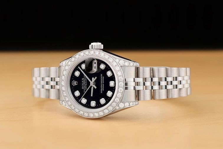 ROLEX LADIES DATEJUST 69174 BLACK DIAMOND 18K GOLD STEEL DIAMOND LUGS WATCH - 2