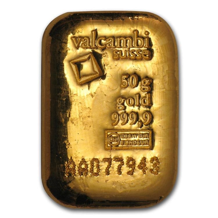 50 gram Gold Bar - Valcambi (Cast/Poured w/Assay): Brand: Valcambi,MPN: 83921,Year: Random,Fineness: 0.9999,Denomination: 50 grams,Circulated/Uncirculated: Circulated,Certification: Uncertified,Country of Origin: Switzerland