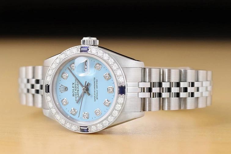 ROLEX LADIES DATEJUST 69174 AQUA BLUE DIAL 18K GOLD STEEL DIAMOND SAPPHIRE WATCH - 2