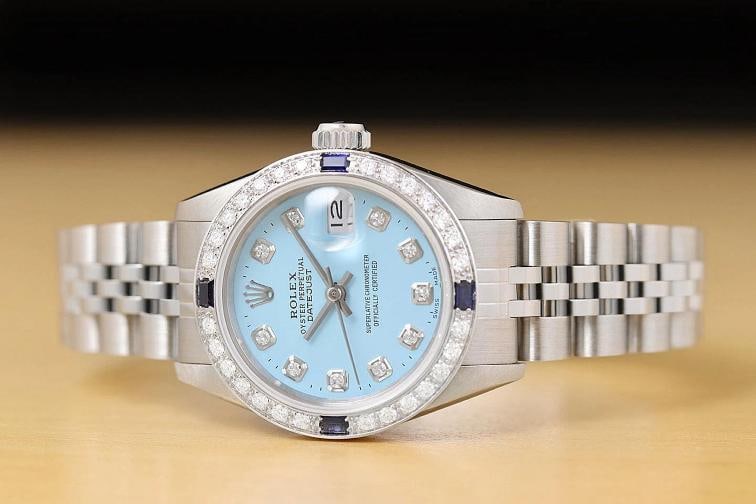 ROLEX LADIES DATEJUST 69174 AQUA BLUE DIAL 18K GOLD STEEL DIAMOND SAPPHIRE WATCH - 3