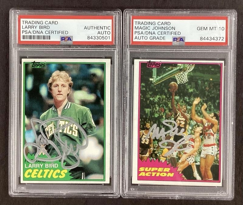 Larry Bird + Magic Johnson Signed 1981 Topps Rookie Card Pair Auto PSA/DNA MJ 10: Player: Larry Bird, Magic Johnson,Sport: Basketball-NBA,Signed: Yes,Original/Reprint: Original,Autograph Authentication: Professional Sports (PSA/DNA),Product: Lot of 2 Signed Trading Cards,Team:
