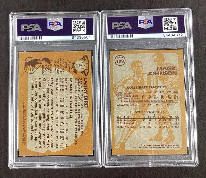 Larry Bird + Magic Johnson Signed 1981 Topps Rookie Card Pair Auto PSA/DNA MJ 10 - 6