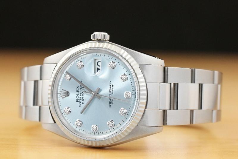 MENS ROLEX DATEJUST 1601 ICE BLUE 18K WHITE GOLD BEZEL STAINLESS STEEL WATCH - 2