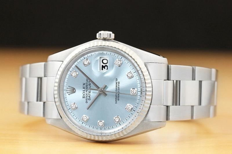 MENS ROLEX DATEJUST 1601 ICE BLUE 18K WHITE GOLD BEZEL STAINLESS STEEL WATCH - 3