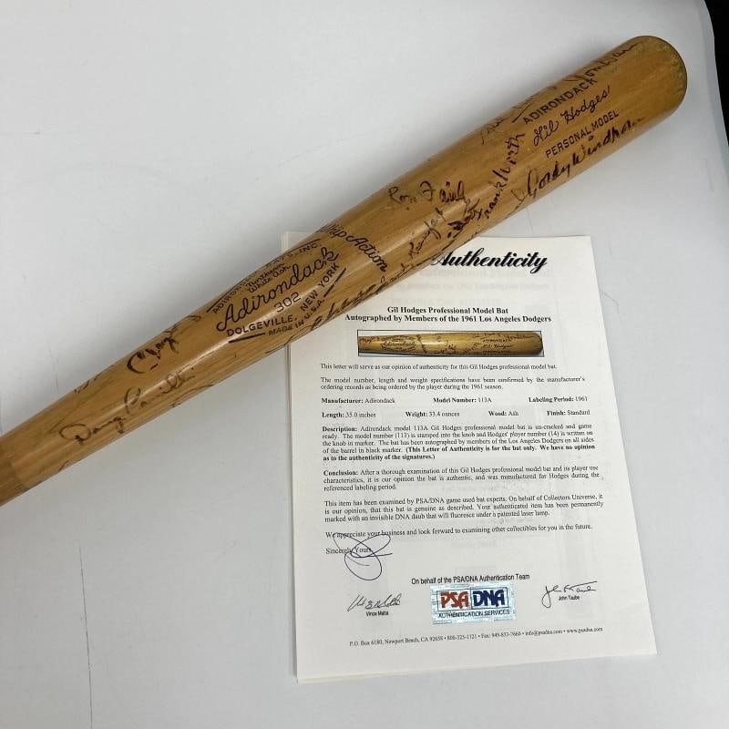 1961 Los Angeles Dodgers Team Signed Gil Hodges Game Bat Sandy Koufax PSA & JSA: This Adirondack professional model bat was issued to Gil Hodges and team-signed by more than 25 members of the 1961 Los Angeles Dodgers, with every Hall of Famer on the roster represented among the au