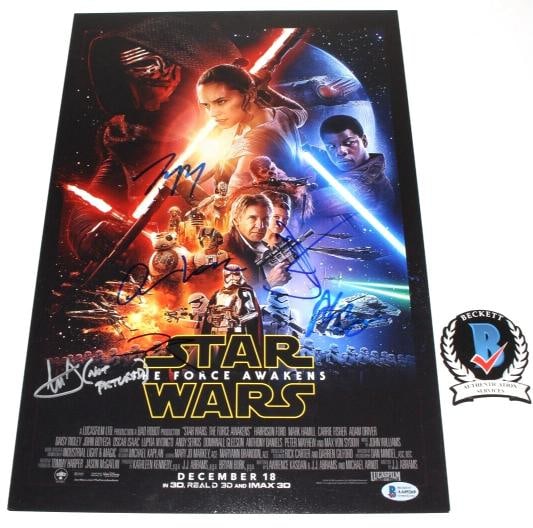 Star Wars The Force Awakens 12x18 Poster Signed By ADAM DRIVER, DAISY RIDLEY, OSCAR ISAAC, JOHN B...: Industry: Movies,Movie: Star Wars,Autograph Authentication: Beckett,Object Type: Poster,Original/Reproduction: Original,Country of Origin: United States
