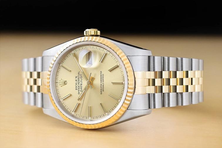 ROLEX MENS DATEJUST 16233 CHAMPAGNE DIAL 18K YELLOW GOLD STAINLESS STEEL WATCH - 2