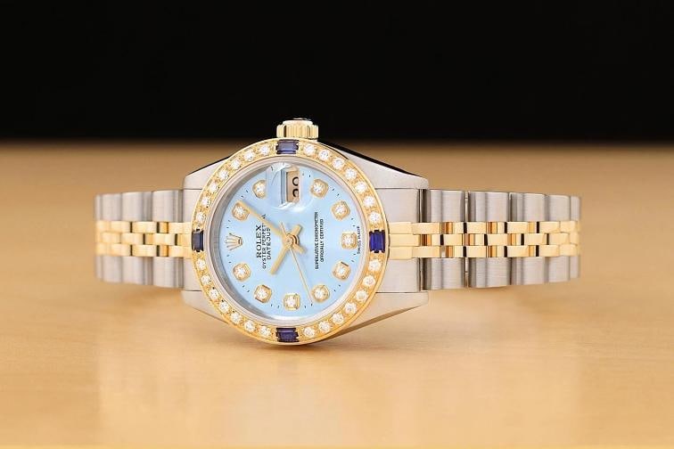 ROLEX LADIES DATEJUST 69173 ICE BLUE DIAMOND SAPPHIRE 18K GOLD STEEL WATCH - 2