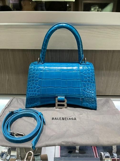 Balenciaga Hourglass Top Handle Bag Blue Croc Embossed Leather: Condition: Pre-owned - Good,Brand: Balenciaga,Accessories: Detachable Strap,Department: Women,Closure: Magnetic,Size: Small,Exterior Color: Blue,Style: Top Handle Bag,Exterior Material: