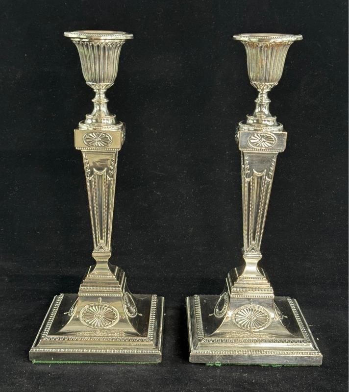Pair of Antique English Silver Plate Classical Candlesticks 12 Inches Tall (1 of 7)