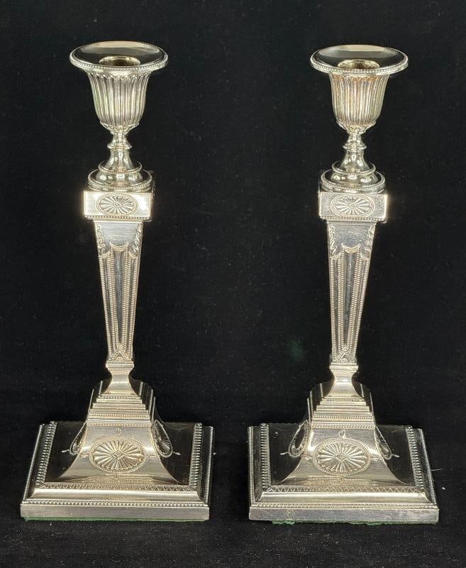 Pair of Antique English Silver Plate Classical Candlesticks 12 Inches Tall - 2