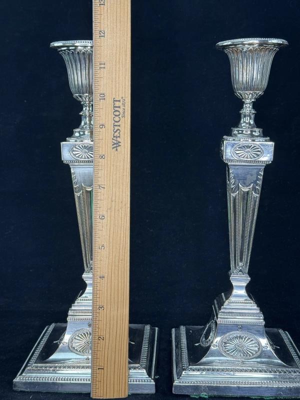 Pair of Antique English Silver Plate Classical Candlesticks 12 Inches Tall - 7