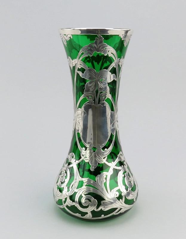 Fabulous Large Emerald Glass Vase w/ Sterling Silver Art Nouveau Overlay 10": Measurements: 10 inches tall and 4 inches wide at opening . Style: Art Nouveau,Brand: International Silver,Composition: Glass and Sterling Silver,Maker: La Pierre