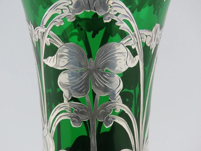 Fabulous Large Emerald Glass Vase w/ Sterling Silver Art Nouveau Overlay 10" - 2