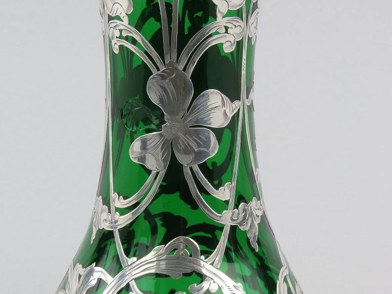 Fabulous Large Emerald Glass Vase w/ Sterling Silver Art Nouveau Overlay 10" - 3