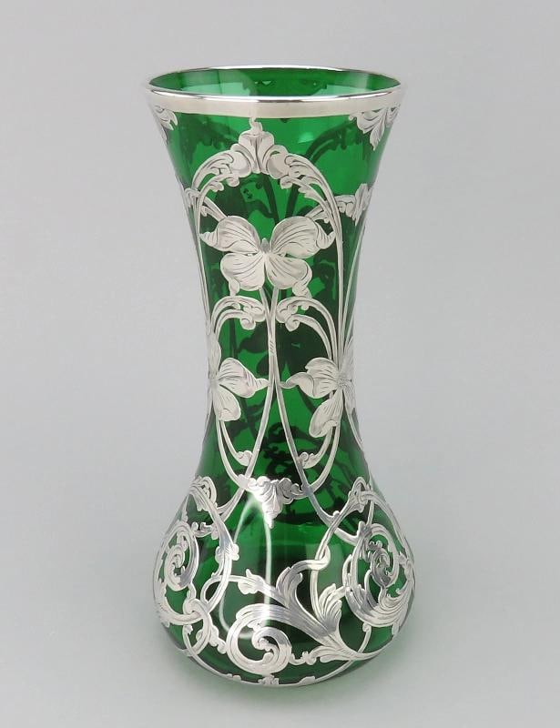 Fabulous Large Emerald Glass Vase w/ Sterling Silver Art Nouveau Overlay 10" - 4