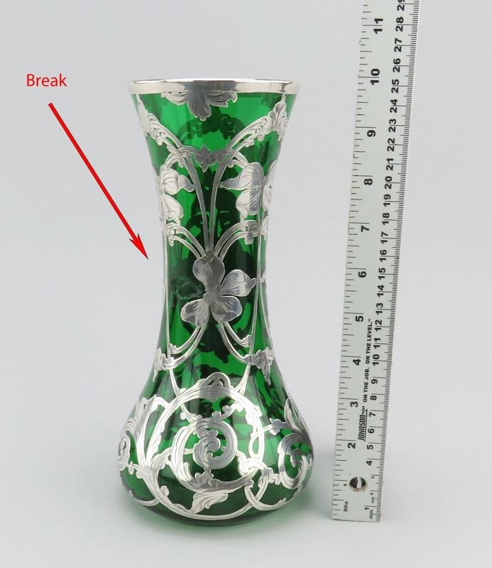 Fabulous Large Emerald Glass Vase w/ Sterling Silver Art Nouveau Overlay 10" - 5