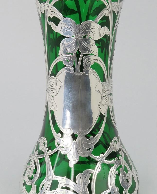 Fabulous Large Emerald Glass Vase w/ Sterling Silver Art Nouveau Overlay 10" - 6
