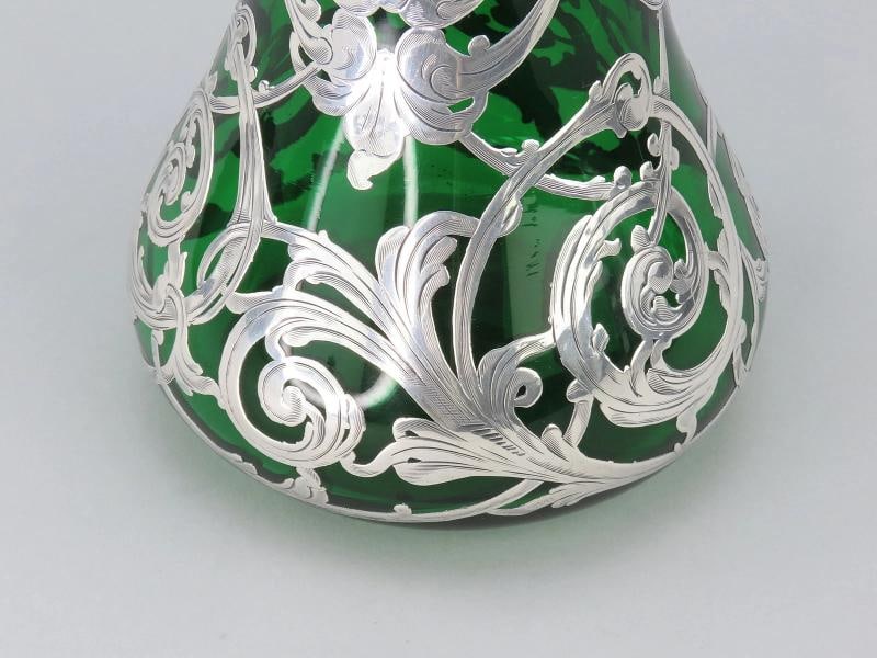 Fabulous Large Emerald Glass Vase w/ Sterling Silver Art Nouveau Overlay 10" - 7