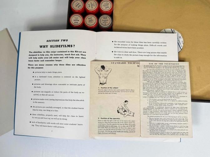 Antique Jam Handy WWII 1940s First Aid Training Kit Film Reels Records Manuals - 12