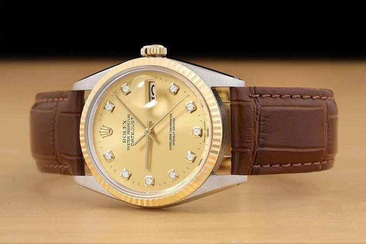 ROLEX MENS DATEJUST 16013 18K GOLD STEEL CHAMPAGNE DIAMOND BROWN LEATHER WATCH - 2