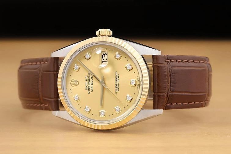 ROLEX MENS DATEJUST 16013 18K GOLD STEEL CHAMPAGNE DIAMOND BROWN LEATHER WATCH - 3
