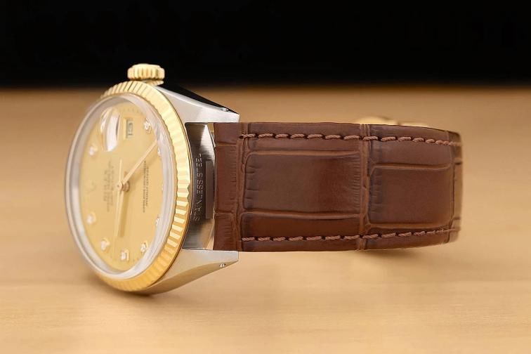 ROLEX MENS DATEJUST 16013 18K GOLD STEEL CHAMPAGNE DIAMOND BROWN LEATHER WATCH - 4
